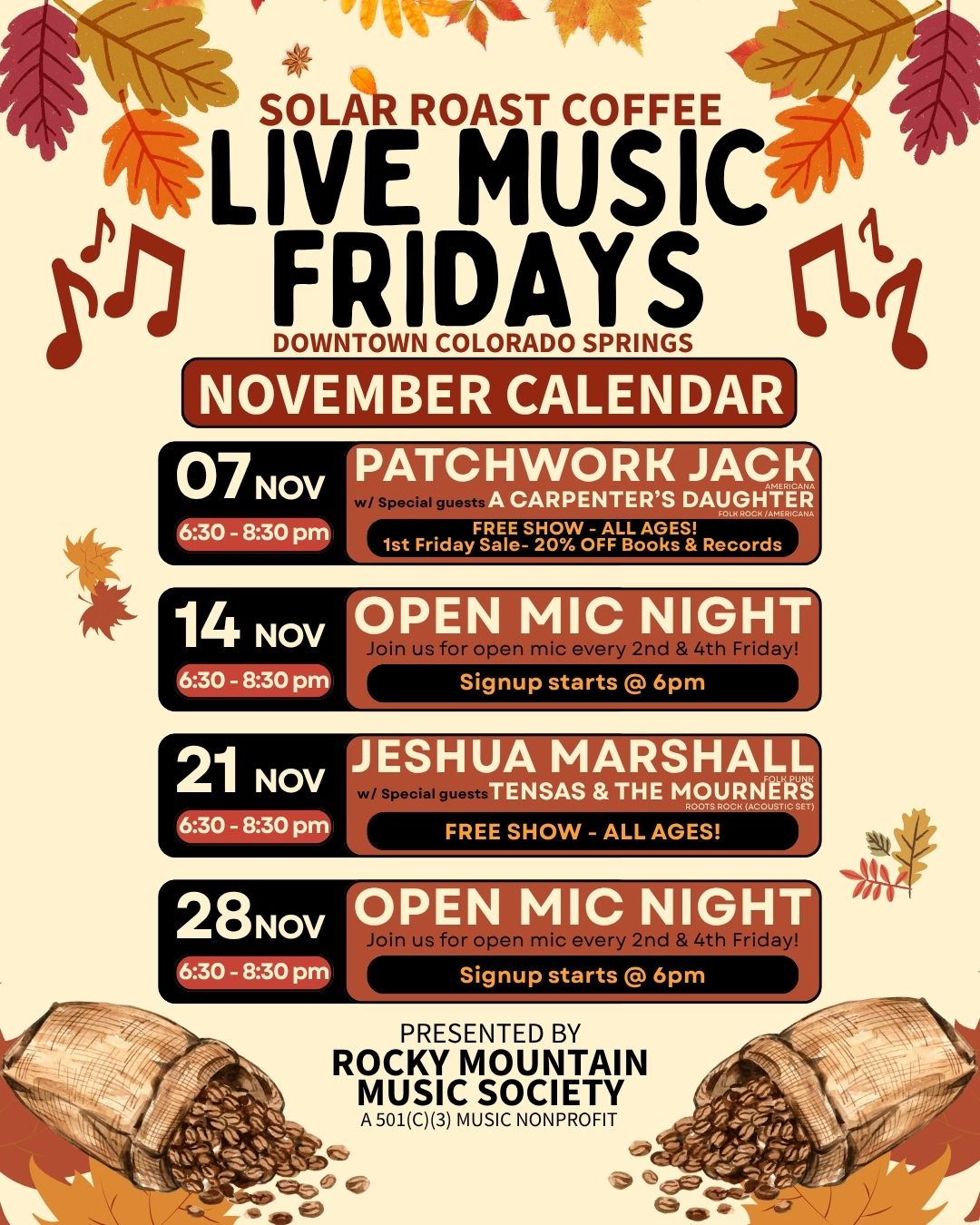 November, Live Music, Downtown, Colorado Springs, Coffee, Shop, Cafe, Tejon Street, Things to Do